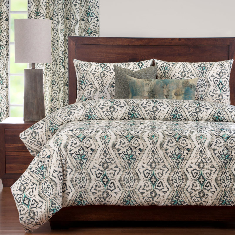 Malta Cotton Blend Abstract Duvet Cover, King Duvet Cover + 2 Toss Pillows, Teal