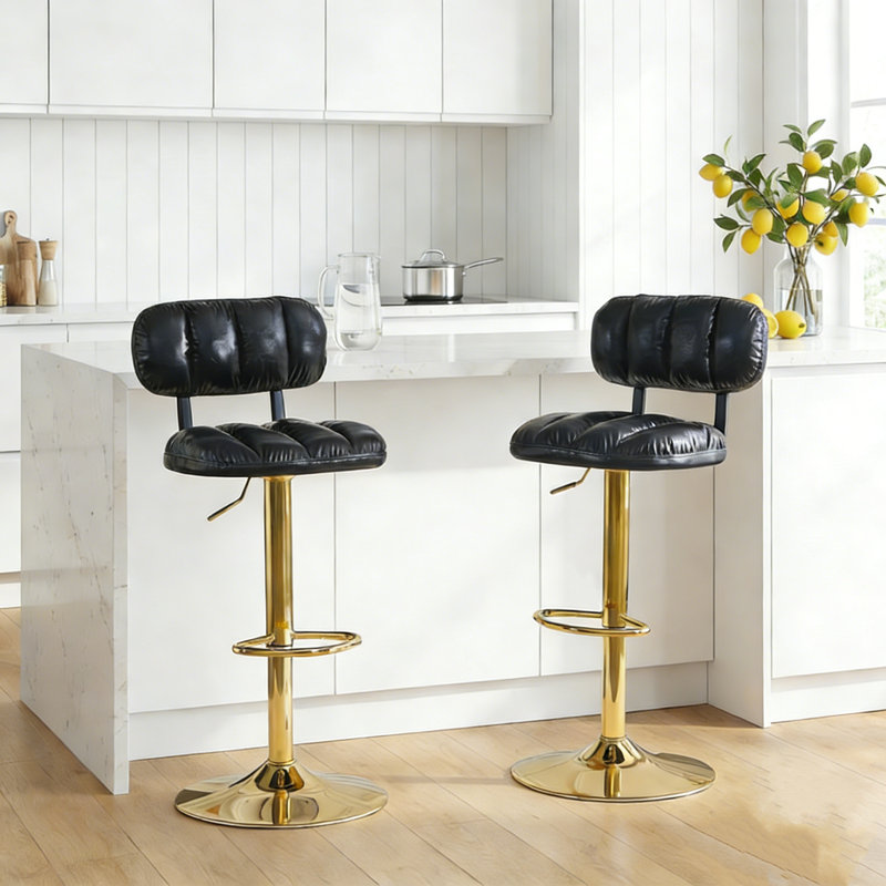 Pu Leather Upholstered Adjustable Height Bar Counter Stool 2Pcs, Black, Gold