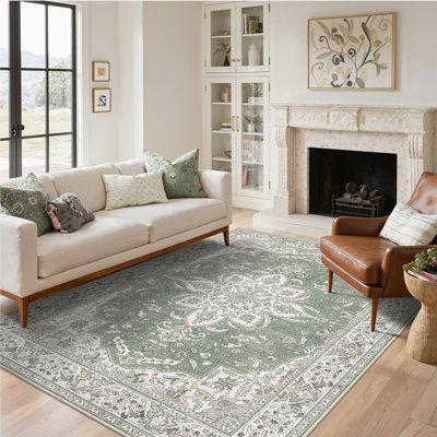 Roehit Vintage Oriental Beige Sage Area Rug, Machine Washable with Non-Slip Backing