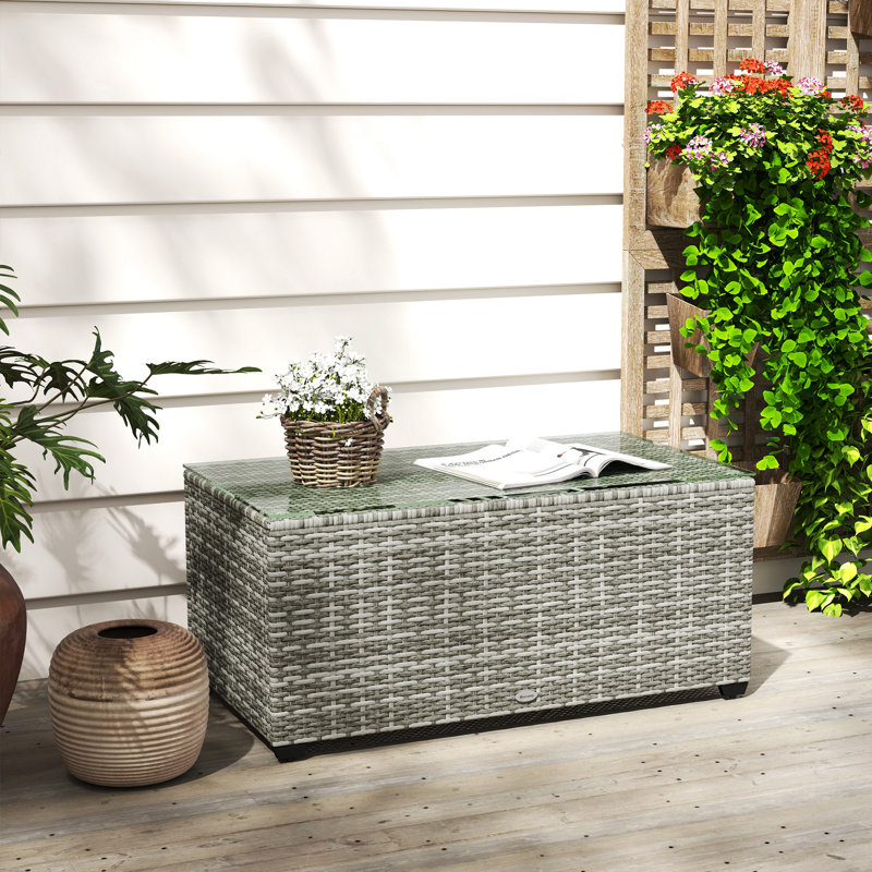 Table basse d'extérieur en osier, table de patio à dessus en verre, gris clair, Gris clair