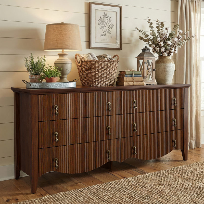 brown scalloped dresser Avenall 6-drawer Double With Fluted Design, Vintage Wide Chest Of Drawers With Base, Organic Modern Storage Cabinet For Bedroom, Wide dresser Terani Mother of the Extra Long Sleeve Prom Dresses dried solid and engineered Color:BEIGE/BLACK