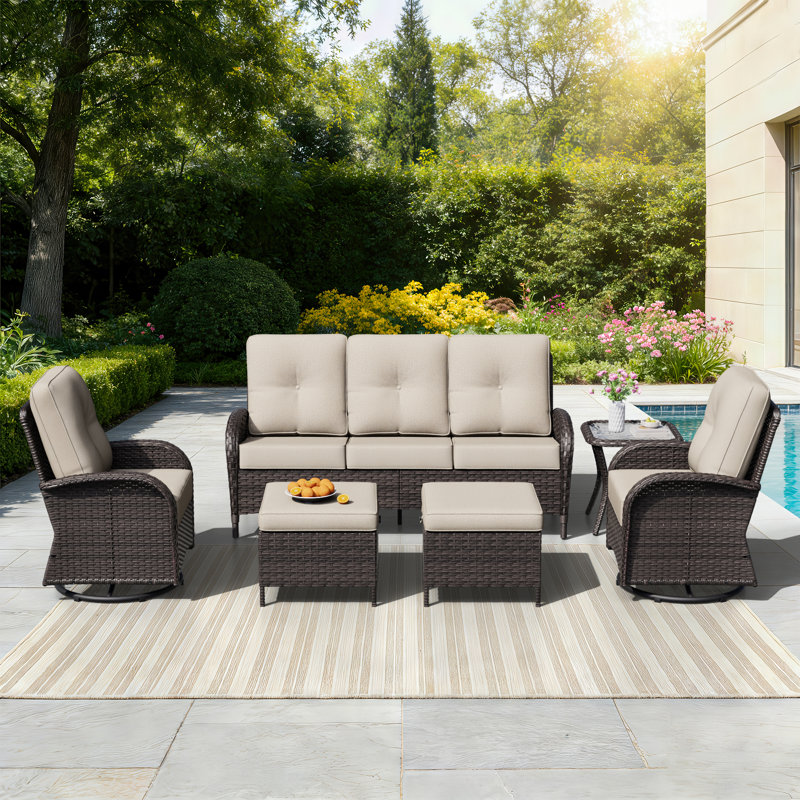 5-Person Outdoor Patio Conversation Rattan Sofa Seating Group With Side Table, 2 Swivel Chairs,2 Ottomans and Beige Cushions