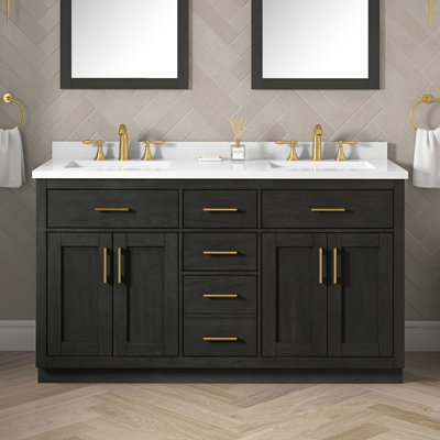 Bailey 60 in. Double Sink Freestanding Dark Ebony Wood Bathroom Vanity with White Stone Top, Backsplash, Brushed Gold