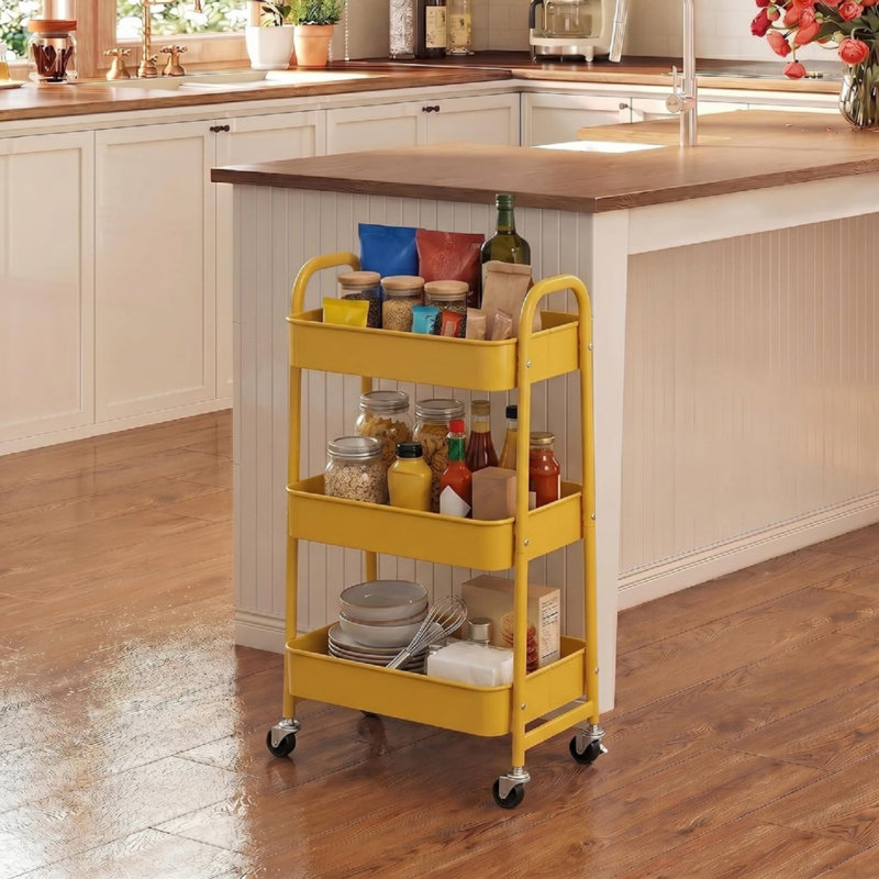 Storage Trolley on Wheels Rolling Kitchen for Books Room, 3 Tier Yellow