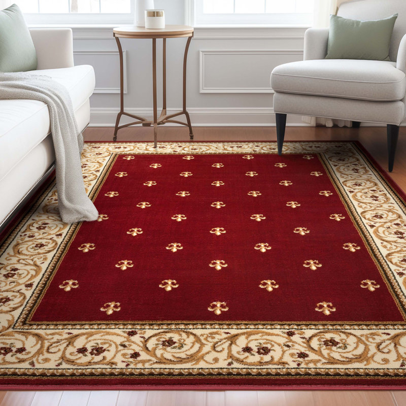 Dezerey Fleur De Lis Traditional Oriental Red Plush Rug, Rectangle 7'10" x 9'10"