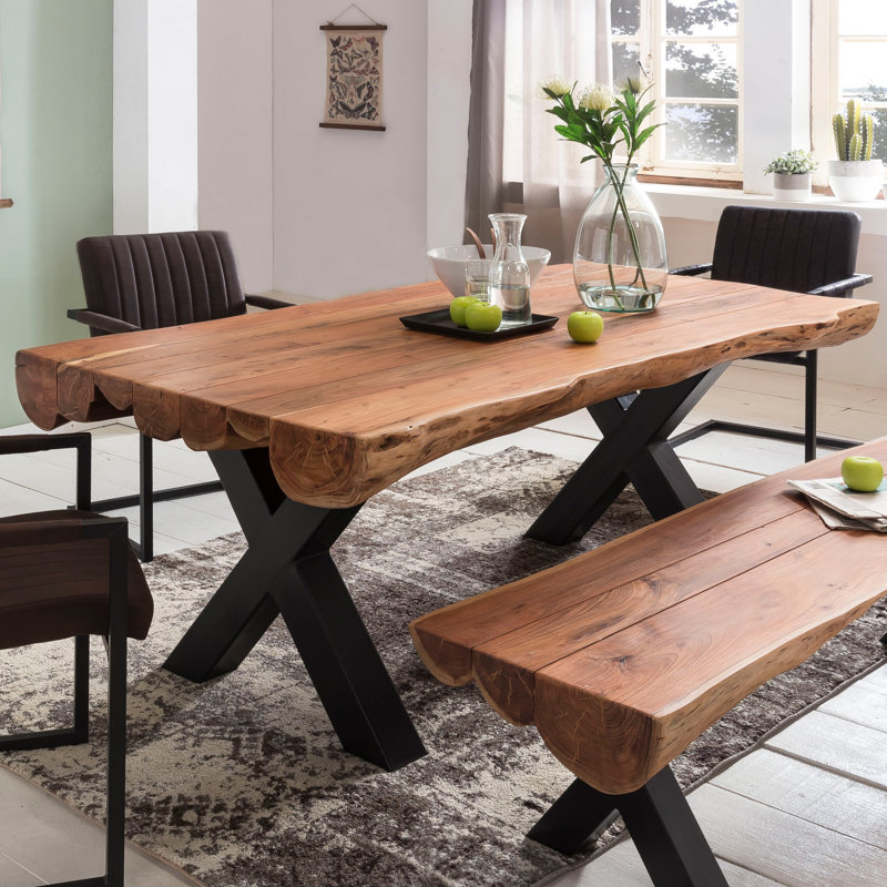 Maloof Acacia Solid Wood Top Metal Base Dining Table, 77cm H x 200cm L x 100cm W