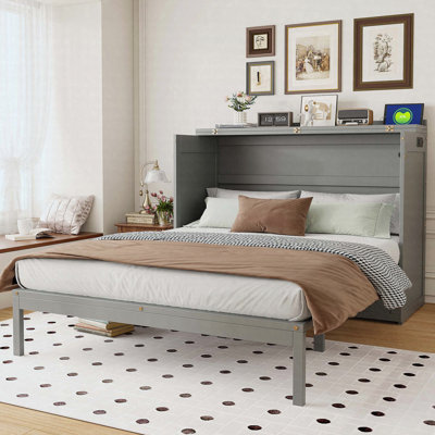 Queen Size Murphy Bed Wall Bed with drawer and a set of Sockets & USB Ports, Gray