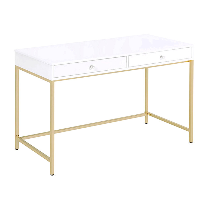 Bureau d'écriture 2 tiroirs blanc ultrabrillant et doré