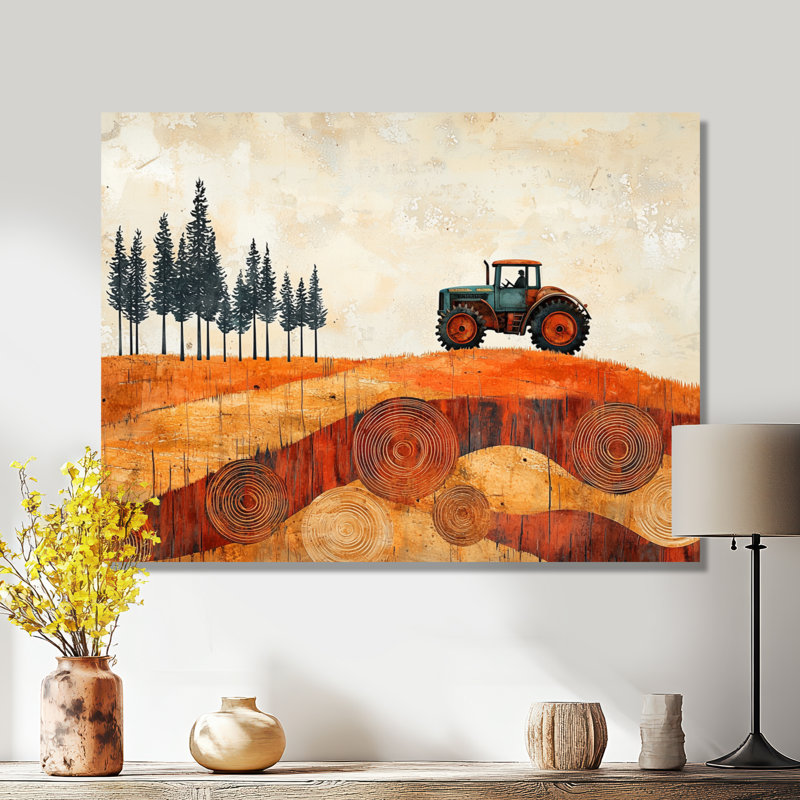 Automne, grange avec tracteur, paysage I - campagne, reproduction d'art sur métal, H 30 po x l 40 po