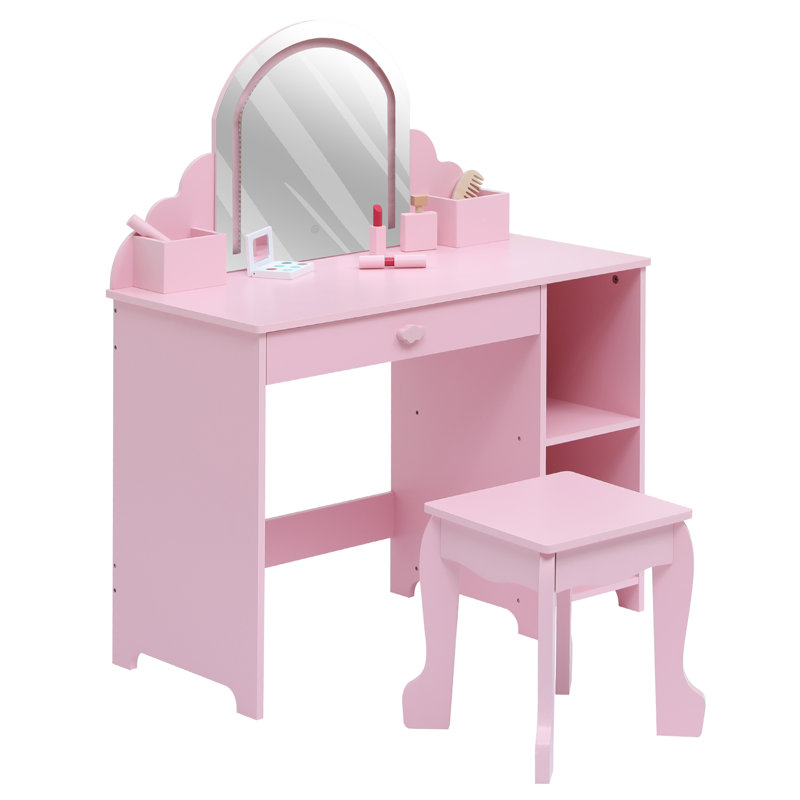 Kids Vanity Table with Mirror and Lights, Wooden Makeup Vanity Desk with Stool, Drawer, Shelves & Cubbies, Princess Dressing Table