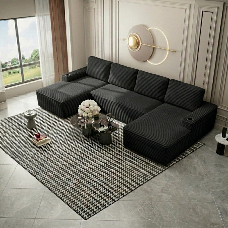 Canapé modulaire en forme de U 133,4 po pour salon, canapé-lit modulaire désossé et confortable, sans assemblage, noir, Noir