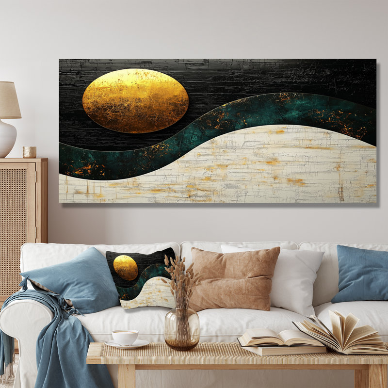 Lune sans limite dorée et noire - rêverie géométrique abstraite, H 28 po x l 60 po