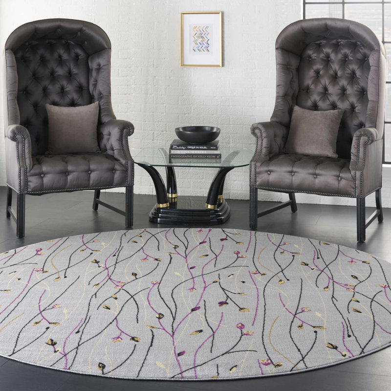 Aratrika Floral Gray Area Rug, Round 5'3"