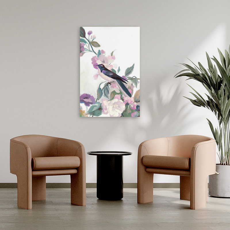 Petite rose et oiseau - grange contemporaine dans l'herbe, champ maussade, H 36 po x l 24 po