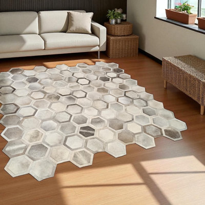 Grey Patchwork Cowhide Rug, Natural Leather Area Rug
