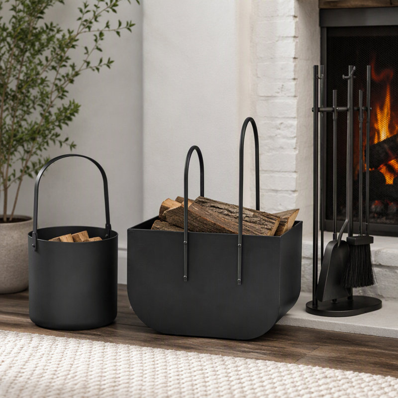 Modern 3‑Piece Fireplace Accessory Set with Log Rack, Firewood Storage Bucket and Complete Fireplace Tools for Home Hearth