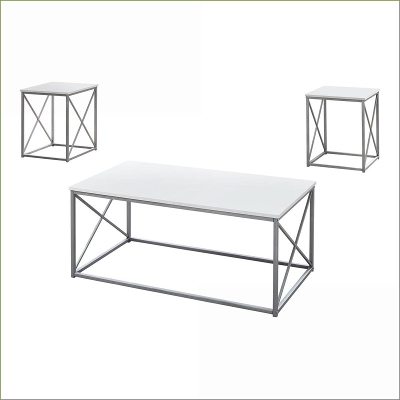 Ensemble de 3 tables basses de salon - Stratifié blanc, structure en métal gris, robuste et amp; Vaste espace