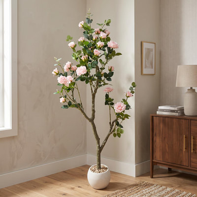 Rosier artificiel de 1,5 m, plante fleurie rose artificielle en pot pour porche