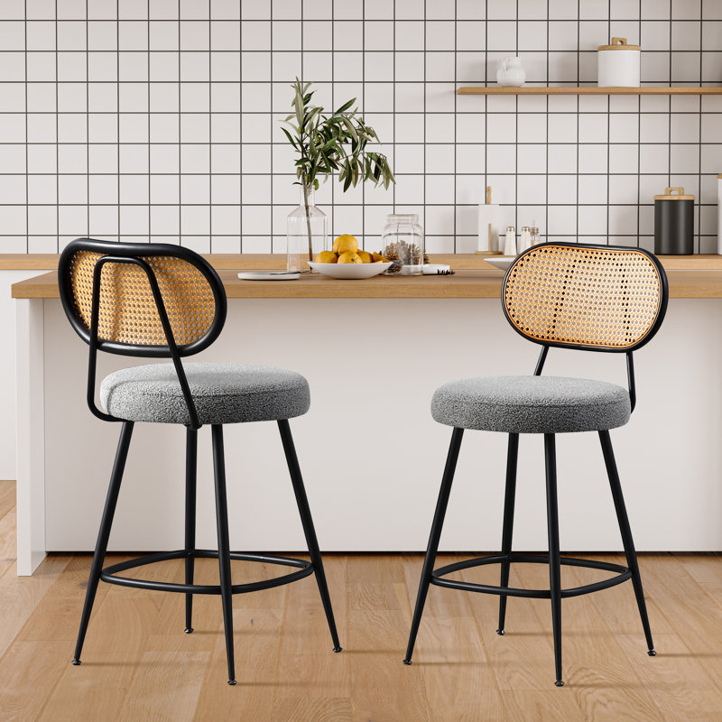 Counter Stool With Rattan Back, Gray, 2