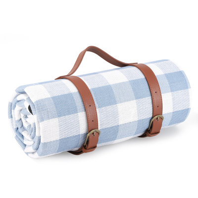 79x79in Waterproof Picnic Blanket, Blue White Checkered Beach Mat for 6-8 Adults, Foldable Camping Park Travel Mat with Strap