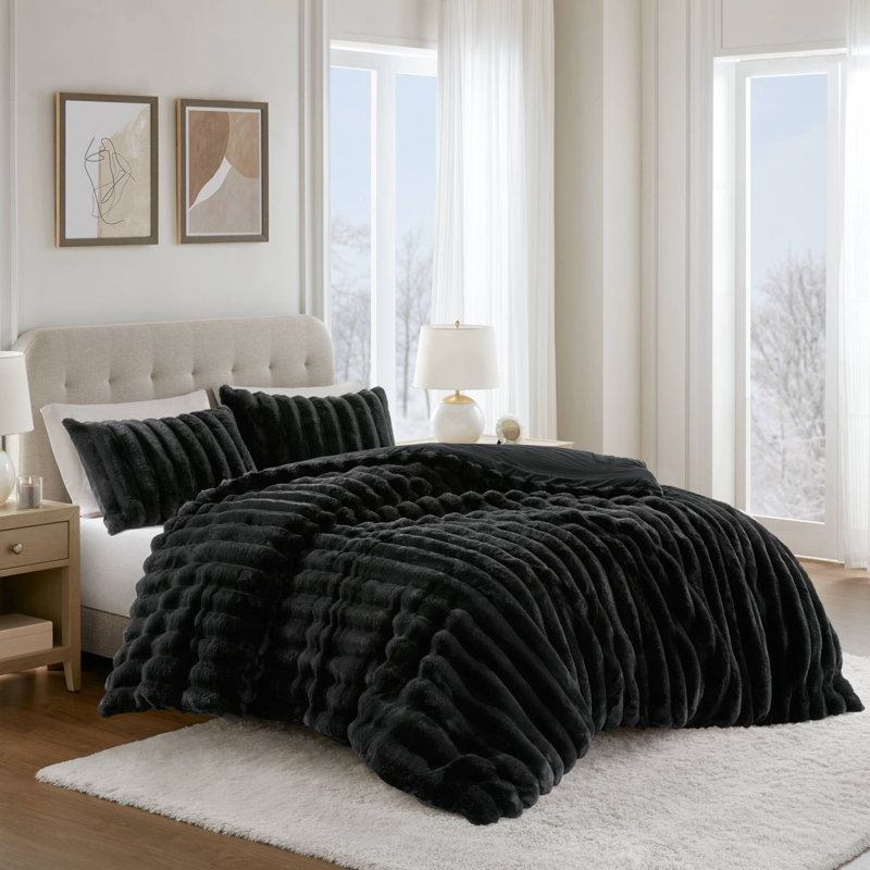 Jasmine 3 Piece Ultrasoft Faux Fur Ribbed Comforter Set, King Comforter + 2 King Shams, Black