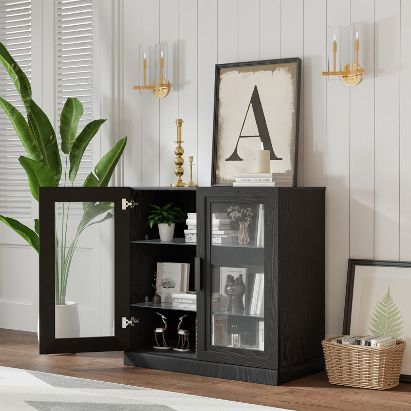 62" Wood Storage Bookcase with Adjustable Shelves with Glass Doors, Black