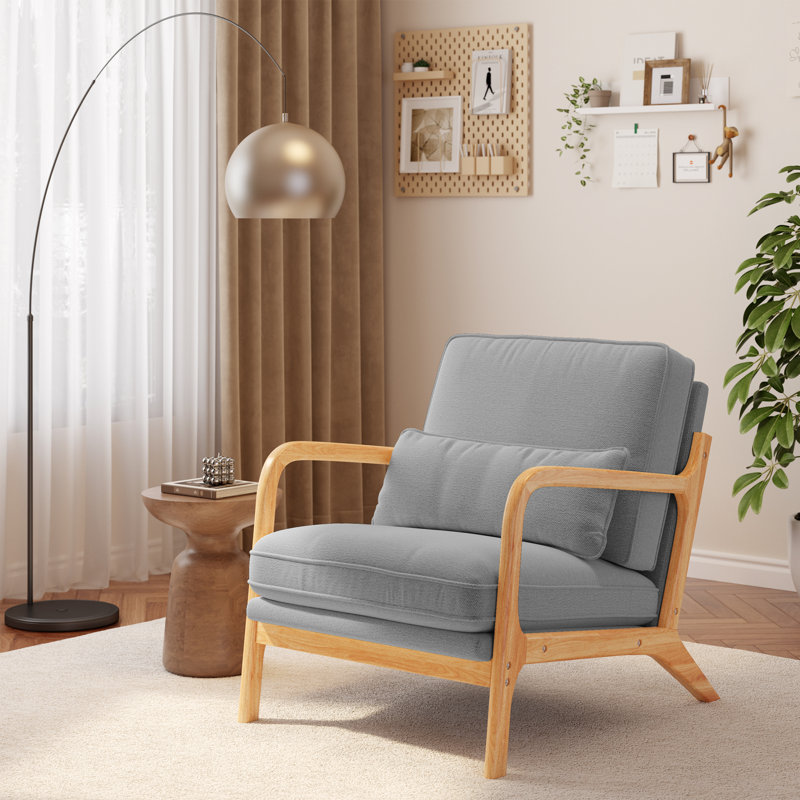Chaise d'appoint rembourrée en bois massif de style Mid-Century avec coussin supplémentaire, Mélange de lin gris