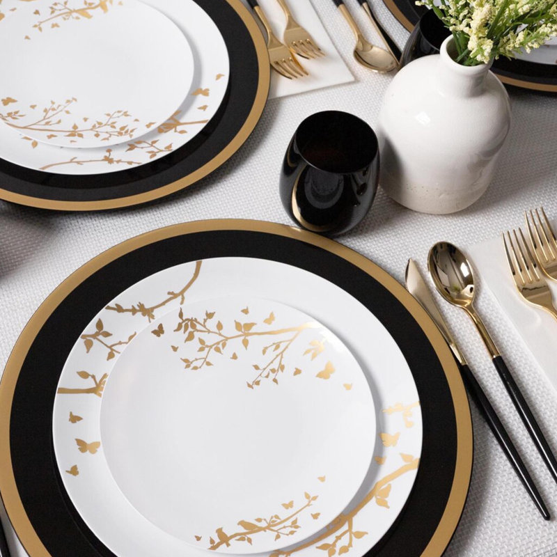 Assiettes en plastique blanches jetables rondes de 6 pouces avec motif floral EcoQuality 30 invités, Blanc / Doré