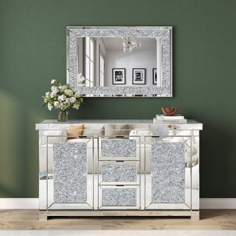 57" Wide 3 Drawer Mirrored Glass Sideboard And Glam Crystal Accent Wall Mirror