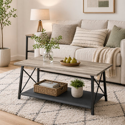 Logan Rectangular Metal Coffee Table with Wooden Top & Shelf Storage