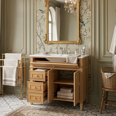 36" Freestanding Bathroom Vanity With Ceramic Sink, Solid Wood Frame Cabinet With 45° Flip-Out Drawer & 3 Storage Drawers, Natural Wood