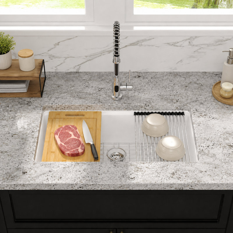 32'' L X 19'' W Quartz Undermount Workstation Kitchen Sink, White Single Bowl Kitchen Sink With Accessories, White
