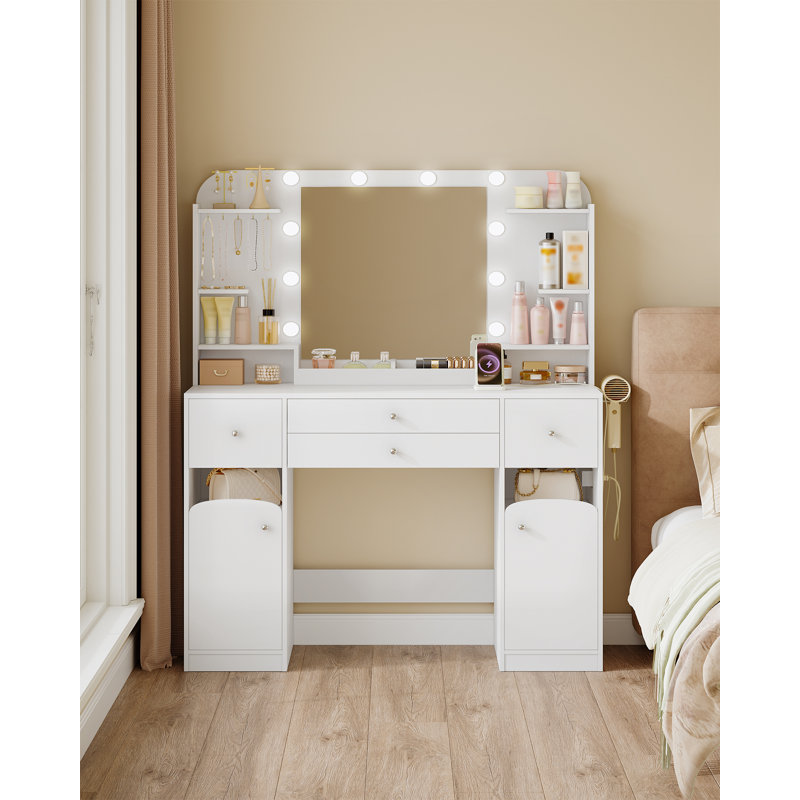 42.5" Large Vanity Desk，Dressing Table with Mirror and LED Light, Power Strip, 4 Drawers, 2 Open Storage Cabinets, and Jewellery Storage for Bedrooms, White