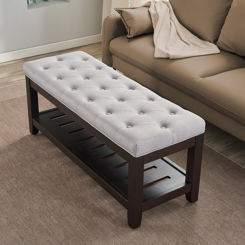 44" Wide Tufted Rectangle Cocktail Ottoman With Storage Tray, Gray Linen
