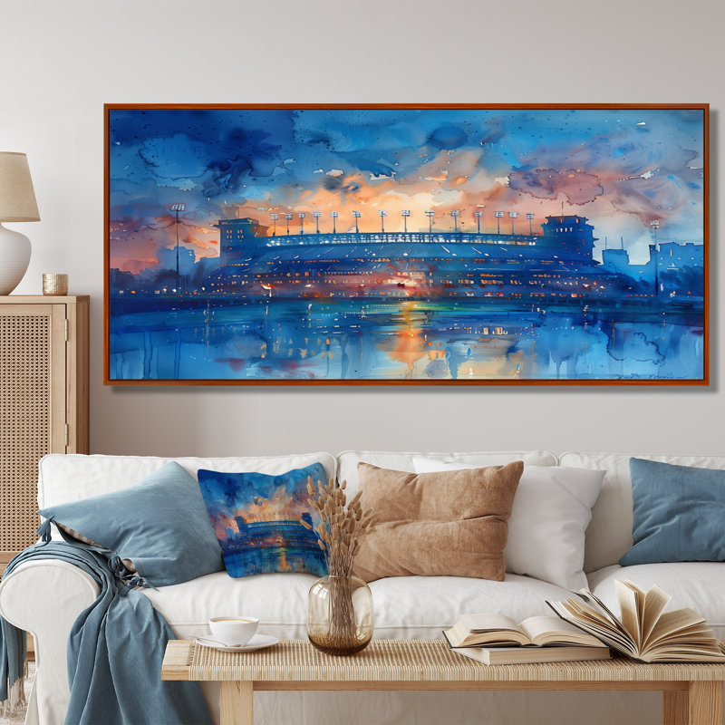 «Blue Orange Footbal Stadium At Night - Stades», reproduction d'art mural, Toile avec cadre flottant brun