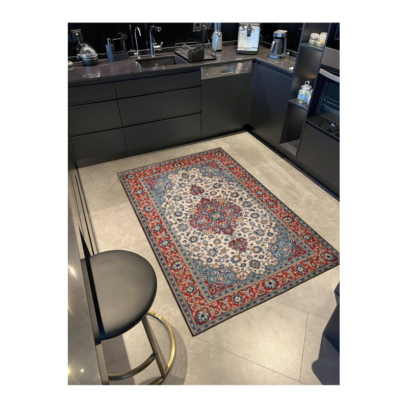 Tapis décoratif moderne bleu traditionnel lavable à la machine, Sous-tapis rectangulaire 3 pi 11 po x 5 pi 11 po i