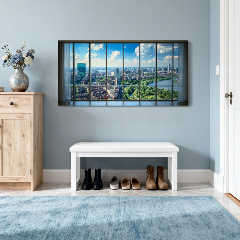 Vue de paysage urbain à travers un cadre de fenêtre Z25122516161219503, H 16 po x l 32 po