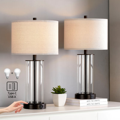 Quinita 23"  Glass Table Lamp Set with Touch Control,  LED Bulbs, USB Ports