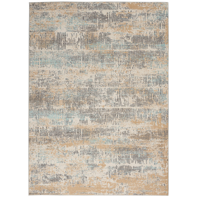 Abstract Area Rug in Beige/Blue, Rectangle 4' x 6'