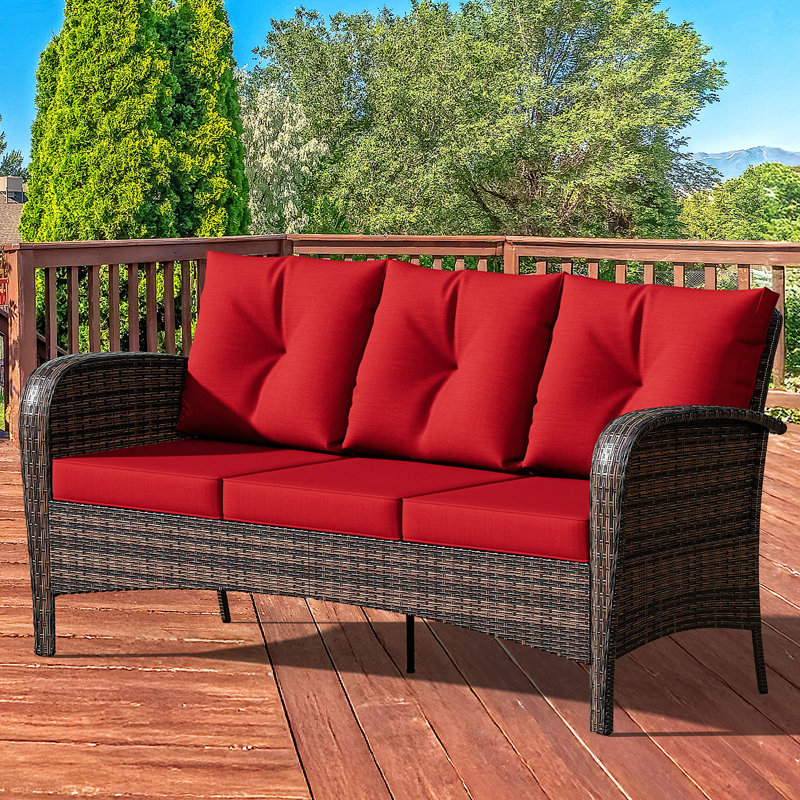 3-person Patio Rattan Sofa With Wide Armrests, Red