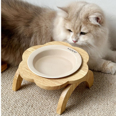 Support pour animal de compagnie en forme de fleur en bois avec bol en céramique blanche
