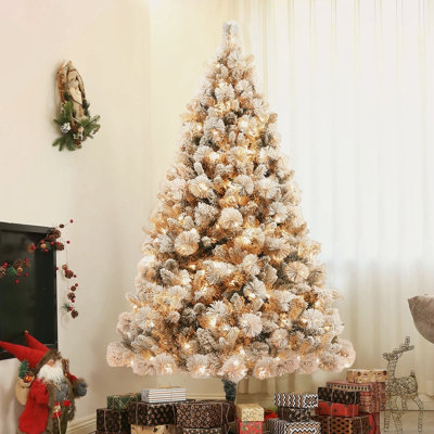 Arbre de Noël artificiel pré-éclairé 6,5 pi avec 350 lumières claires et 1107 pointes, arbre de Noël enneigé avec base en métal, arbre de Noël à charnières pour les fêtes à la maison