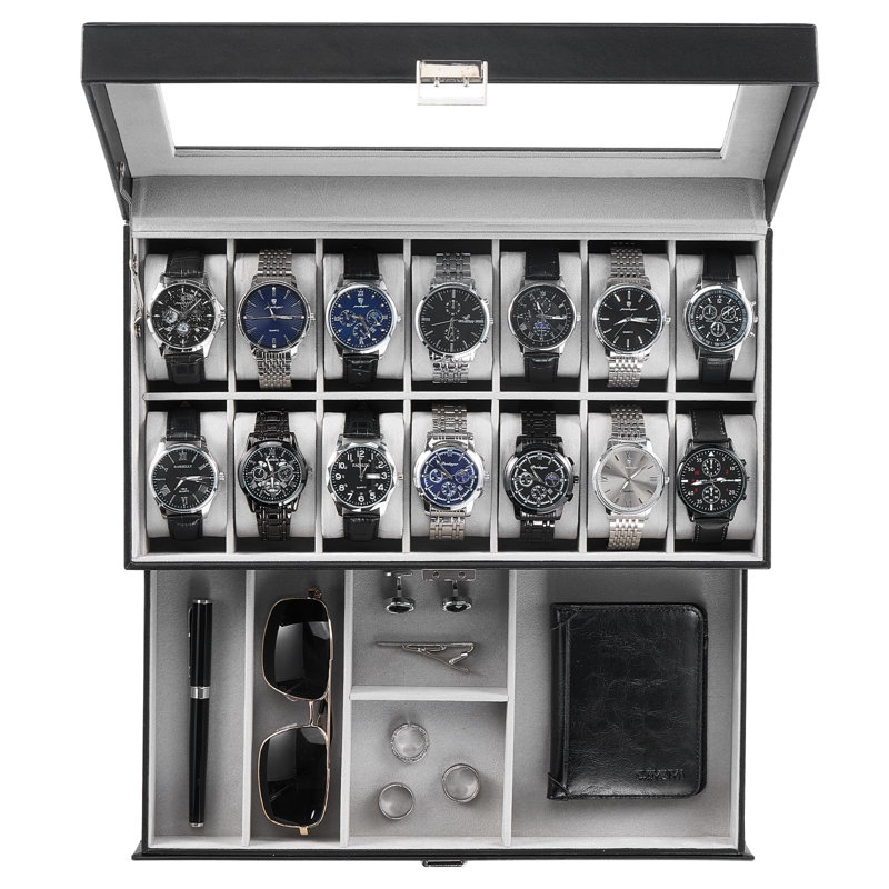 Boîte à montre avec couvercle en verre et tiroir, support de rangement pour bijoux à 2 couches à 14 fentes, 14 Slots, Black