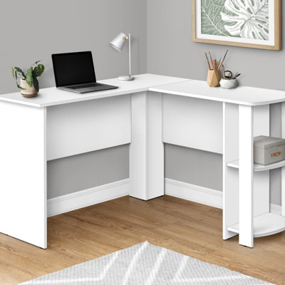 Bureau d'ordinateur en L avec tablettes de rangement, idéal pour le bureau à domicile et les espaces de travail modernes, longueur de 48 pouces, finition en stratifié blanc.