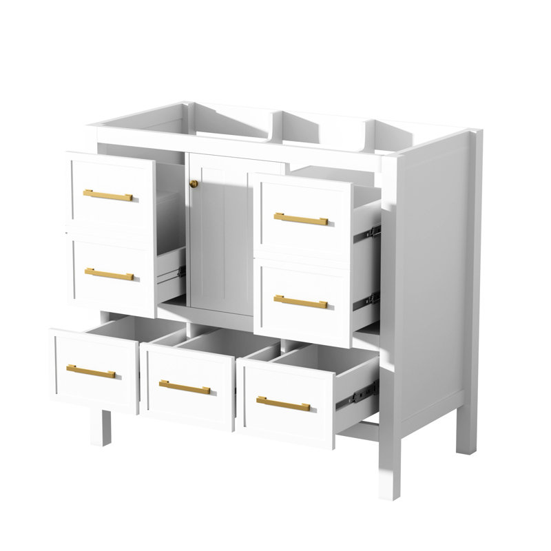 Meuble-lavabo de salle de bain 36 po, structure en bois massif, 5 tiroirs, fermeture en douceur, meuble-lavabo blanc, planches