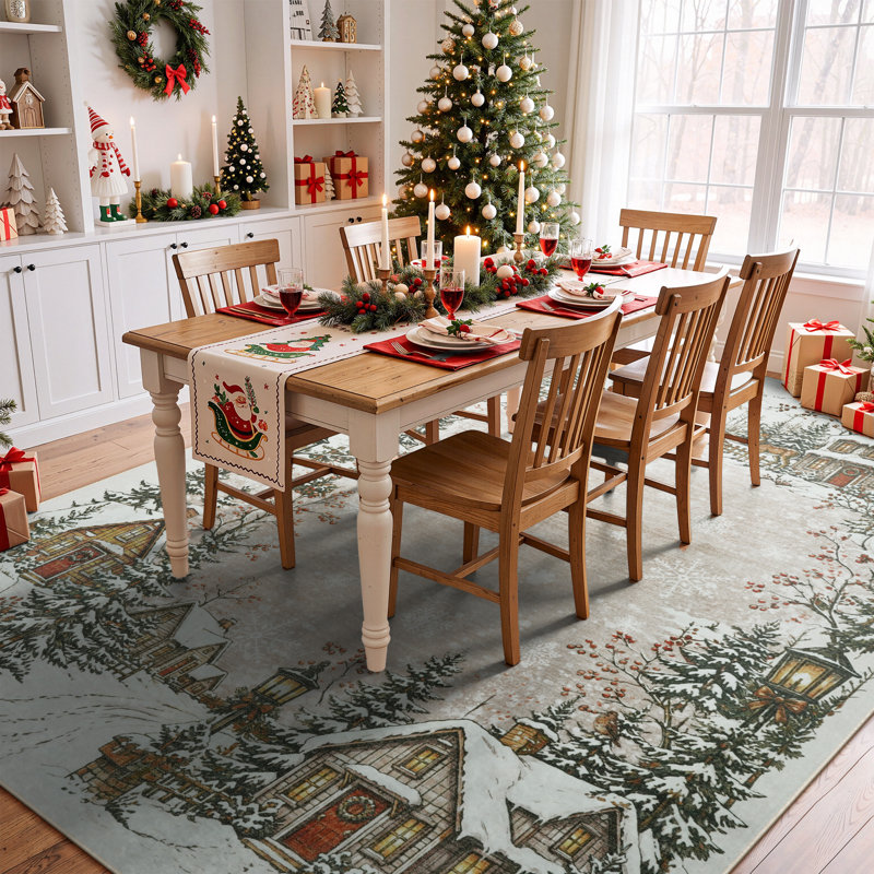Tapis antidérapant de Noël Snowy Village, Beige, Rectangle 8' x 10'