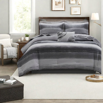 King Size 9-piece Bedding Set, Cotton Sheets & Microfiber Comforter, Modern Striped Design For Home