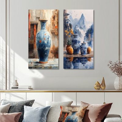 China S Edge Of Wonder Chinoiserie Pottery III - Boho Pottery Decor Wall Art 2 Pieces Set