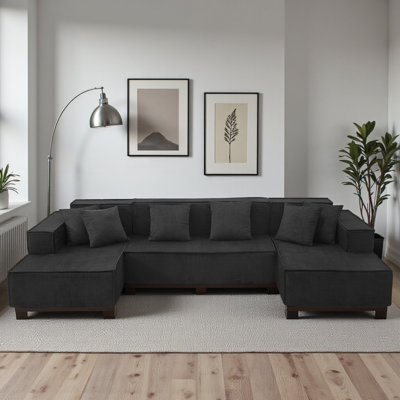 Corduroy Upholstered U-Shaped Sectional Sofa With LED Light Strip & Six Pillows