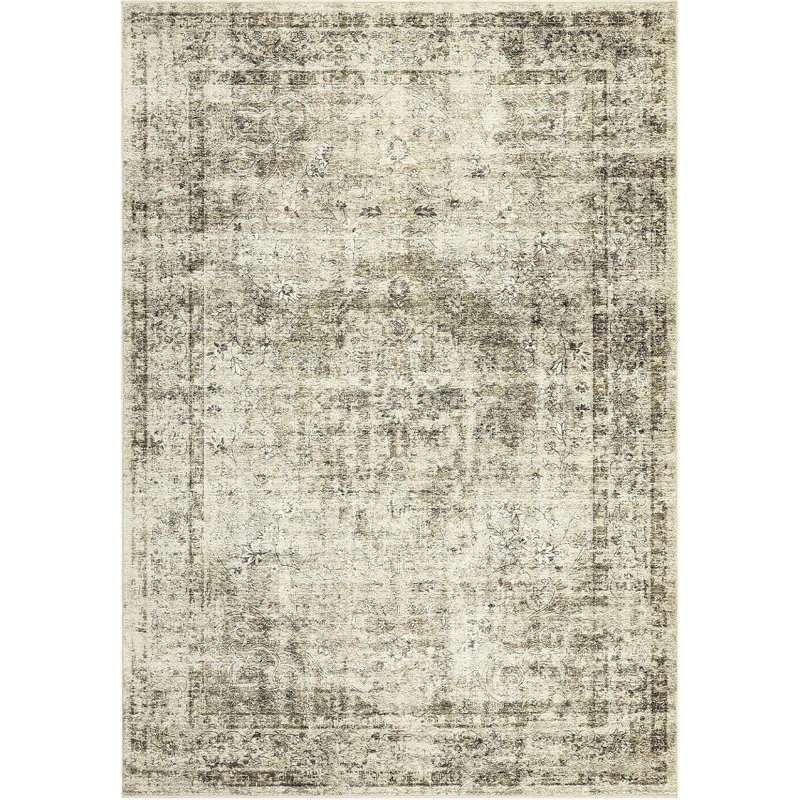 5x7 Washable Floral Rug Thin Non-Slip Low Pile Area Rug Stain Resistant Foldable Space-Saving Carpet Mat for Entryway Beige